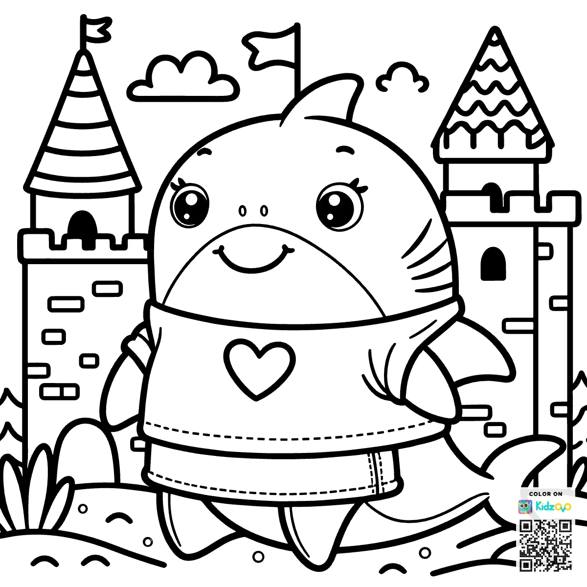 A Cute Shark in a Castle wearing a T-Shirt