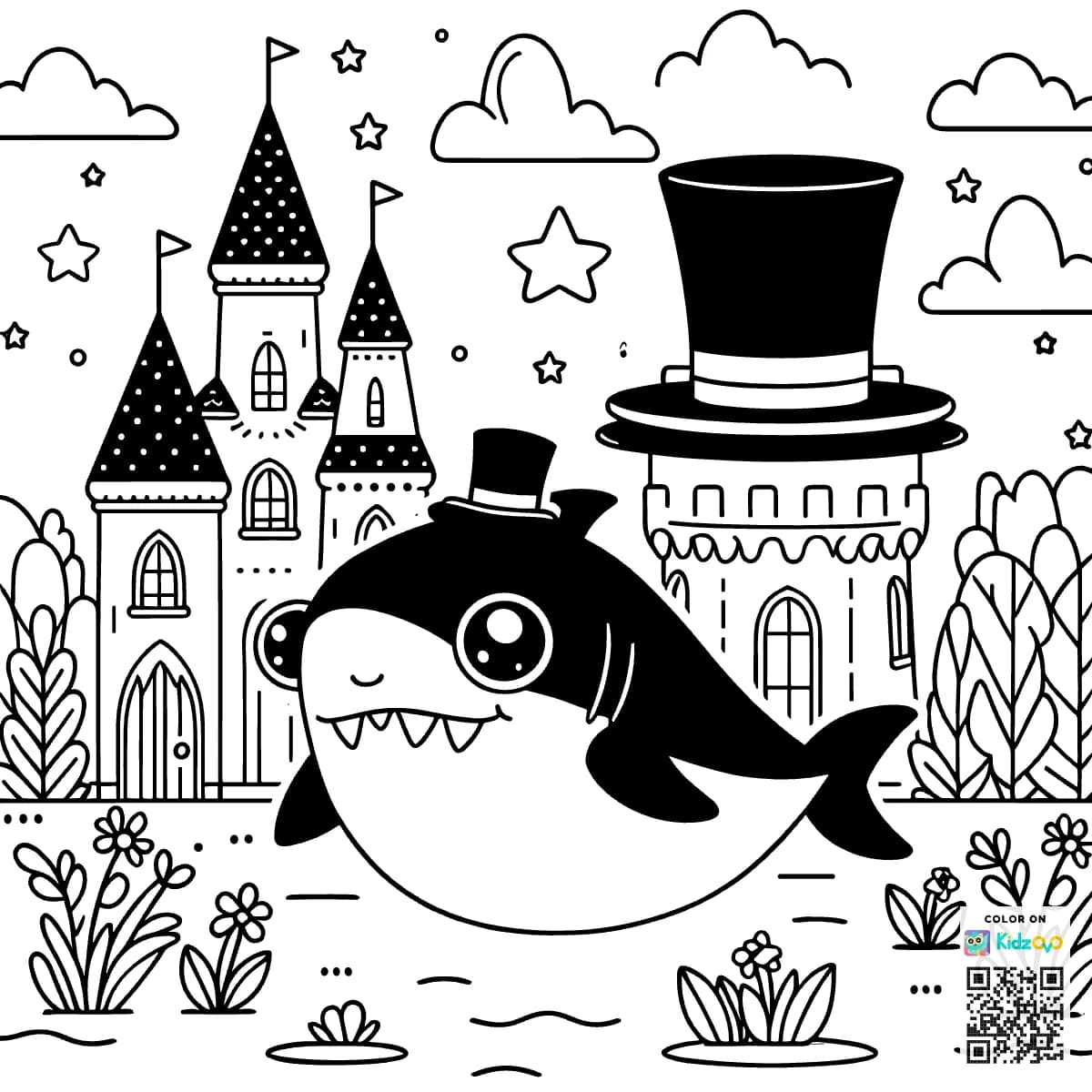 A Cute Shark in a Castle wearing a Top Hat