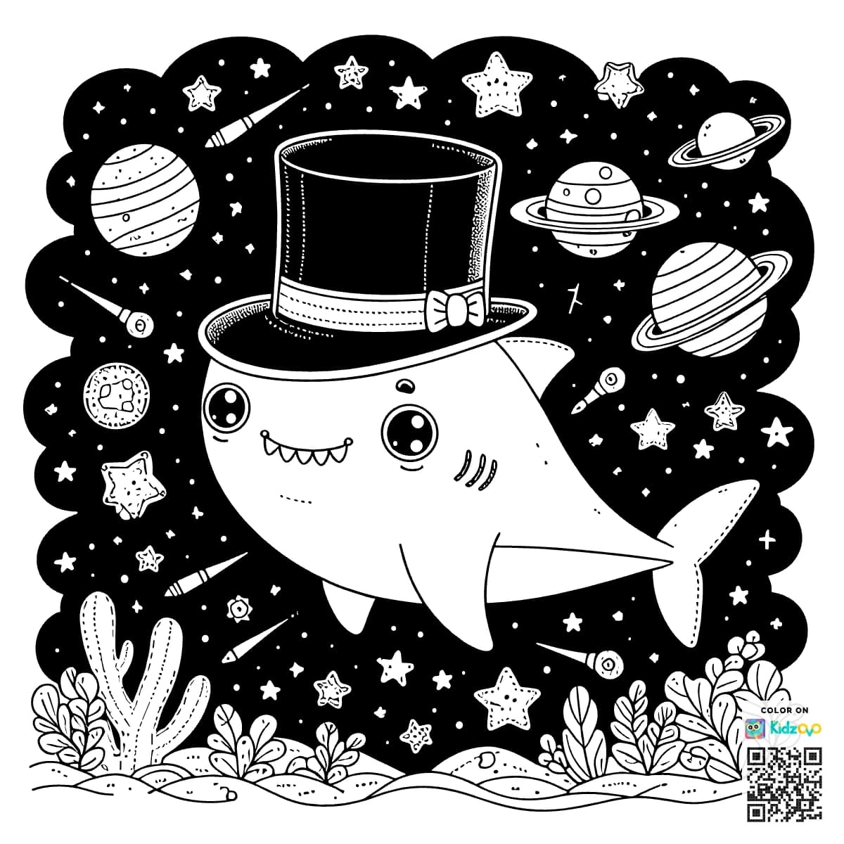 A Cute Shark in Space wearing a Top Hat