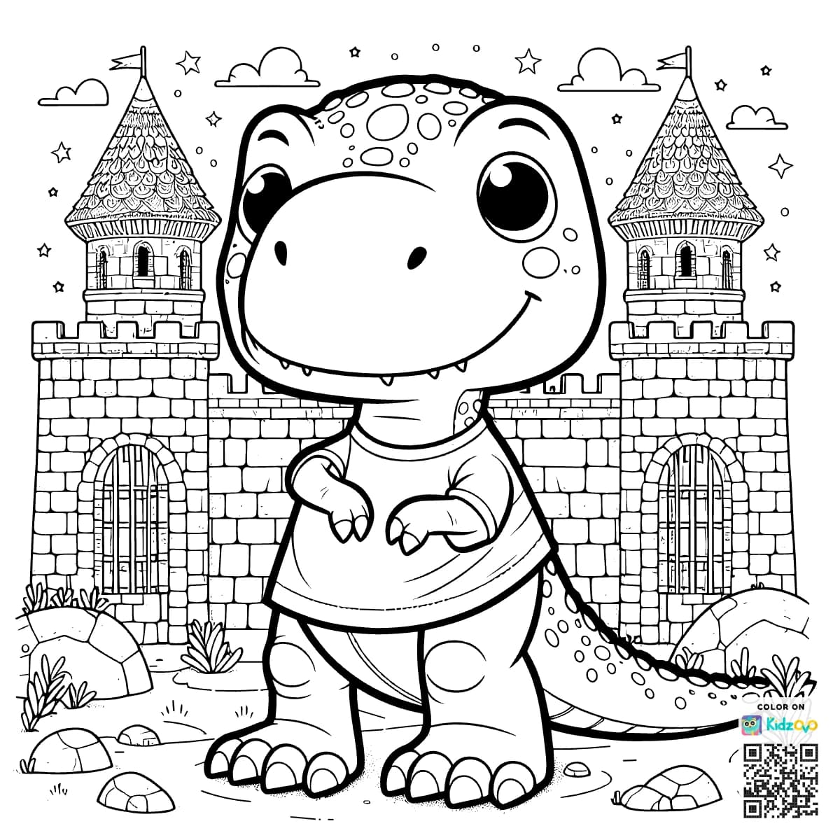A Cute T-Rex in a Castle wearing a T-Shirt