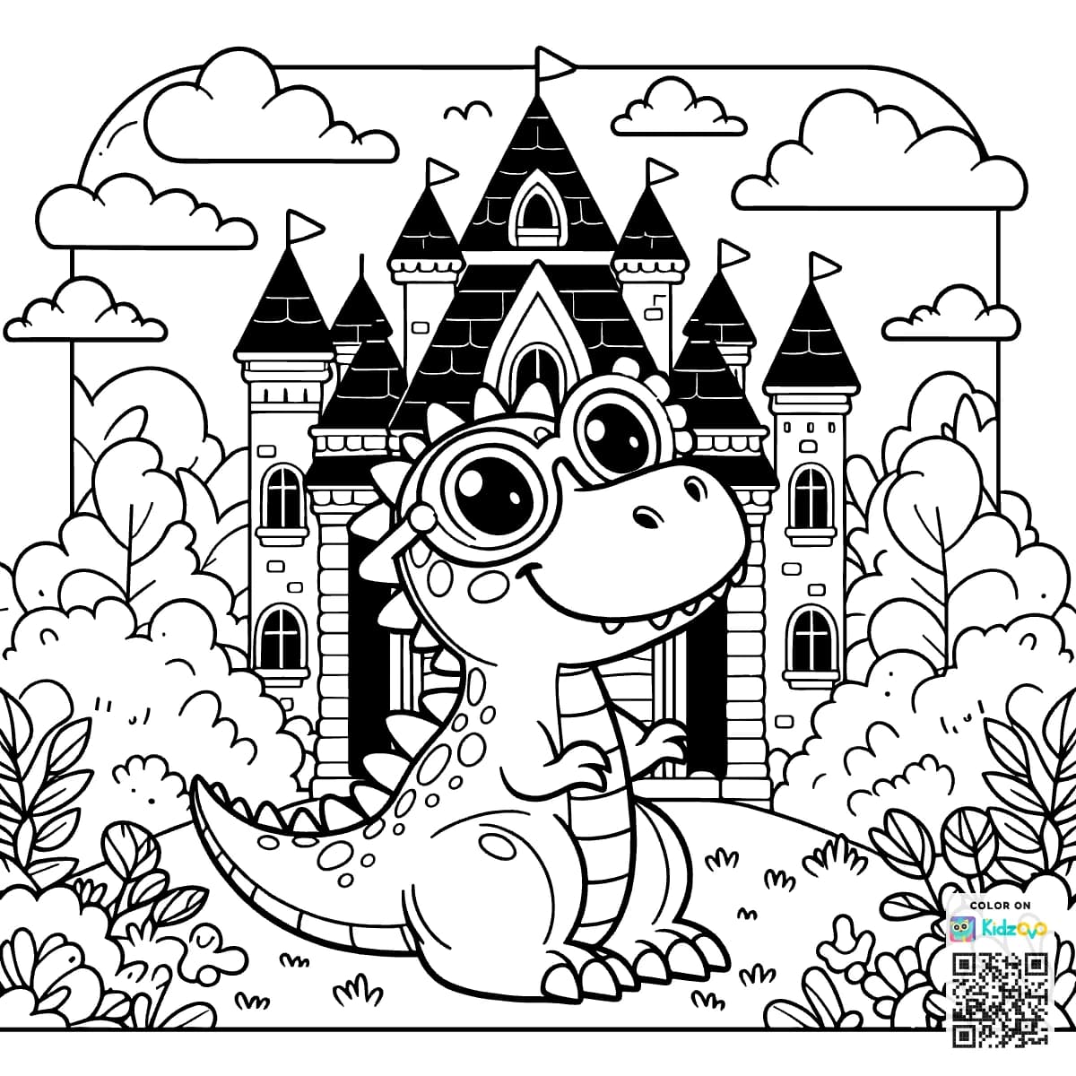A Cute T-Rex in a Castle wearing Sunglasses