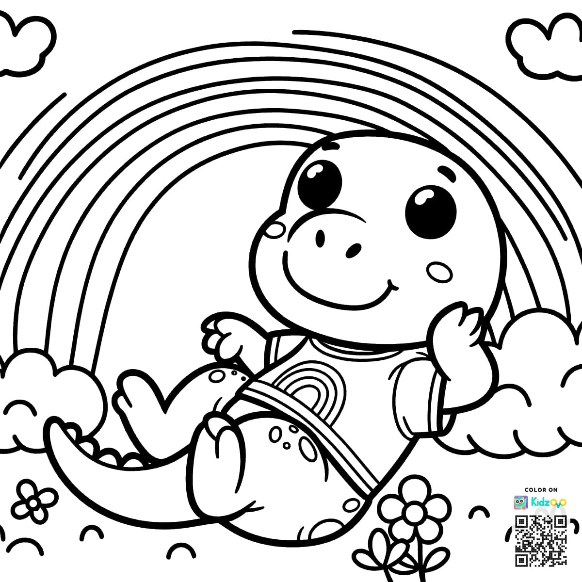 A Cute T-Rex on a Rainbow wearing a T-Shirt