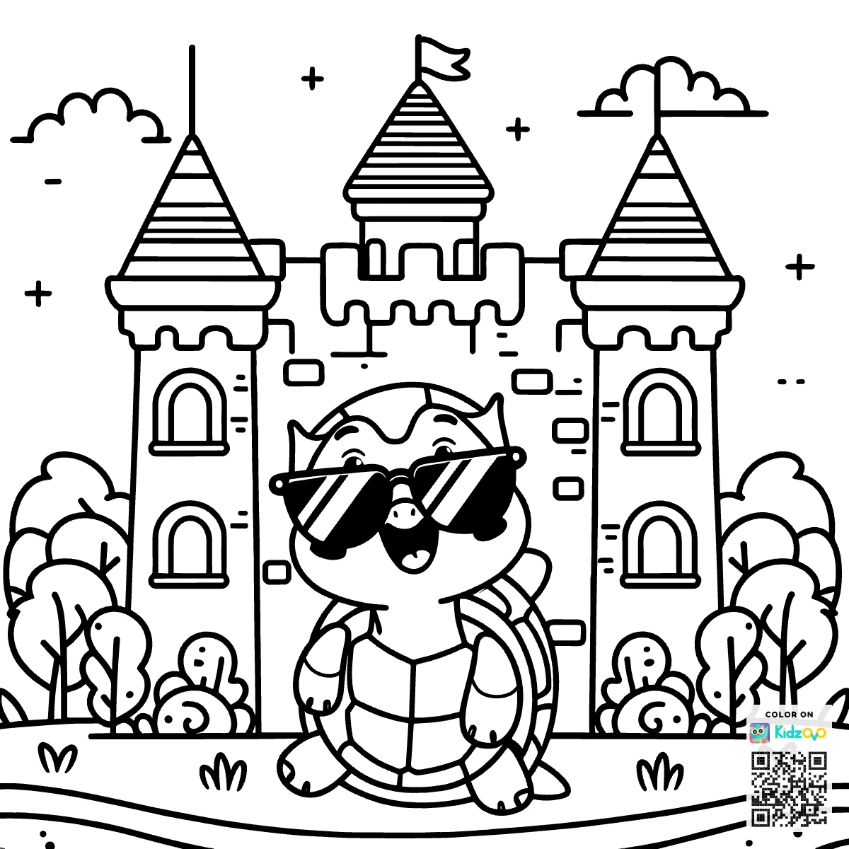 A Cute Turtle in a Castle wearing Sunglasses