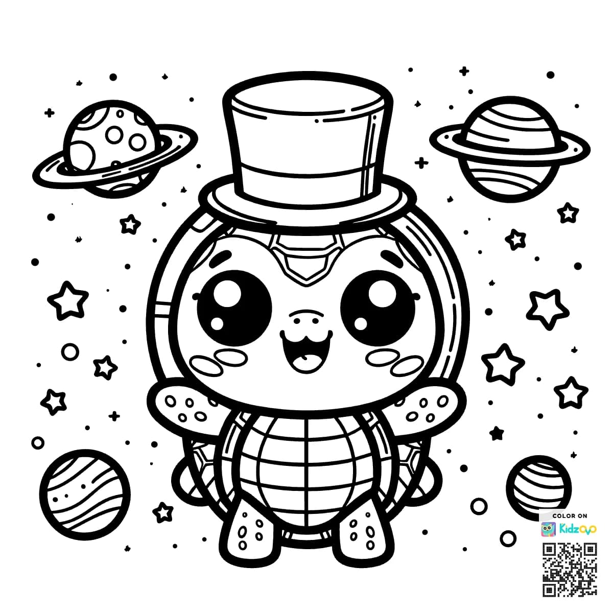 A Cute Turtle in Space wearing a Top Hat
