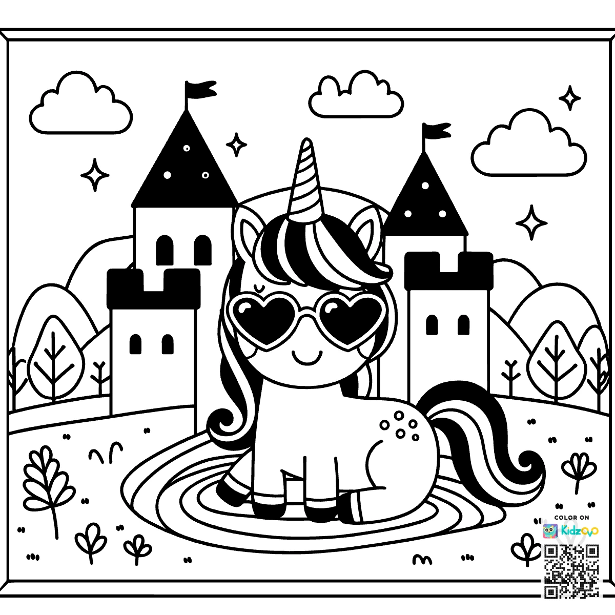 A Cute Unicorn in a Castle wearing Sunglasses