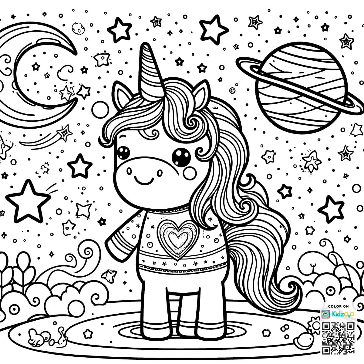 A Cute Unicorn in Space wearing a T-Shirt