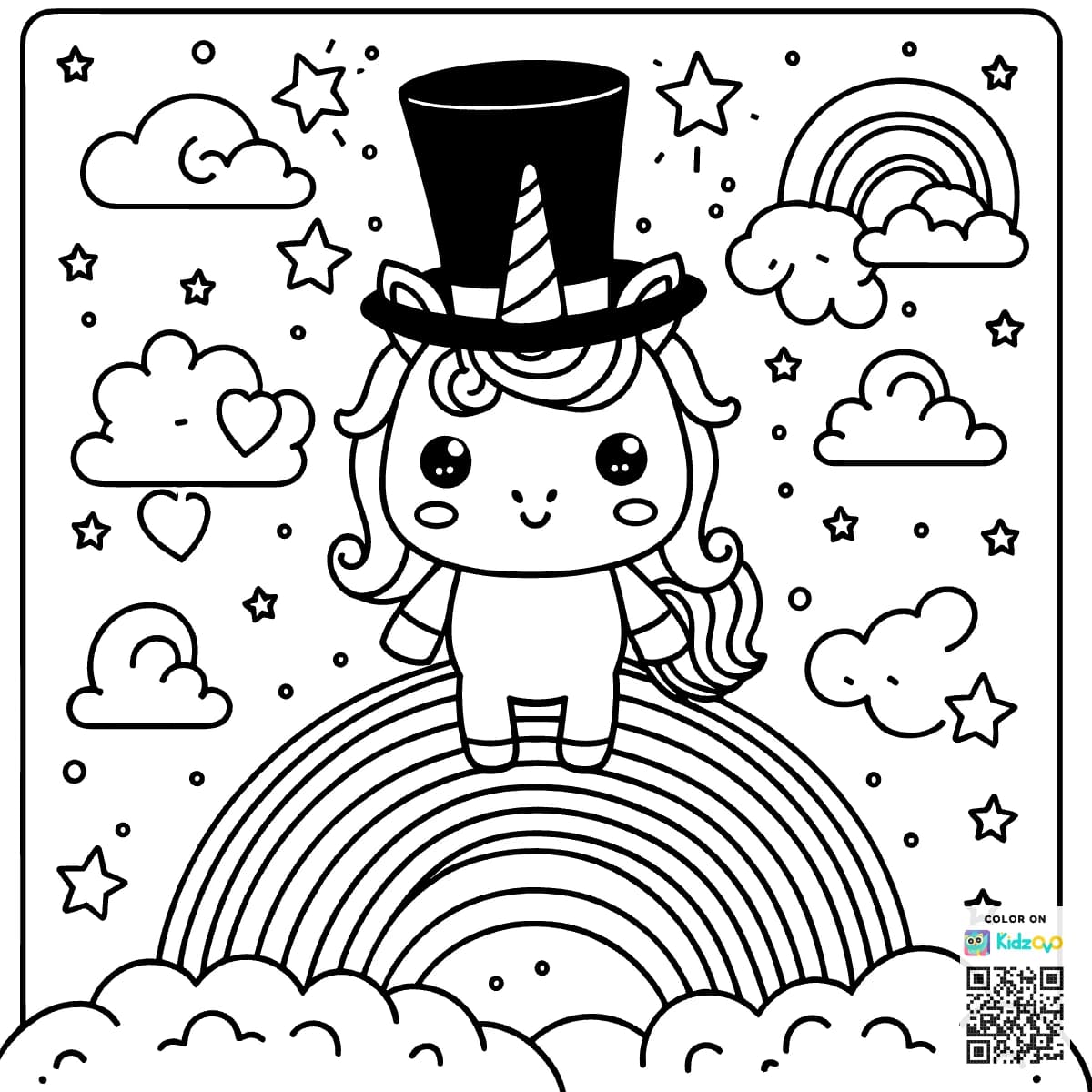 A Cute Unicorn on a Rainbow wearing a Top Hat