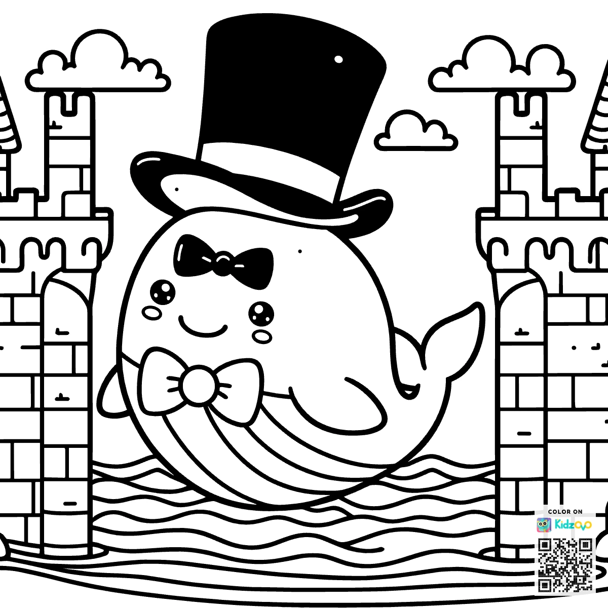 A Cute Whale in a Castle wearing a Top Hat