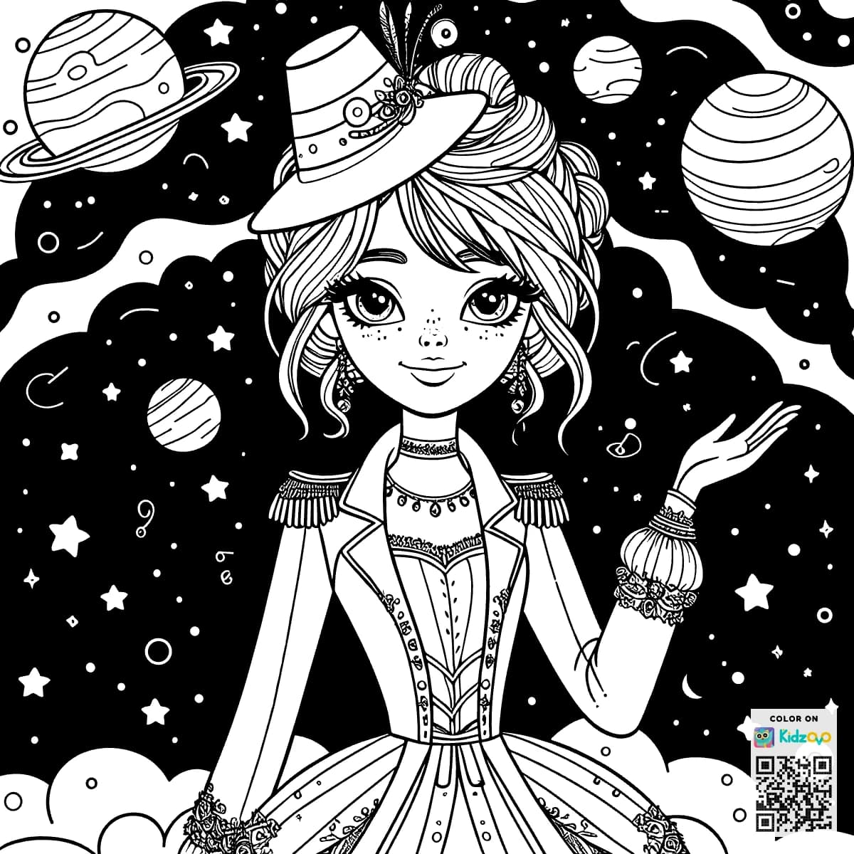 A Elegant Princess in Space wearing a Top Hat