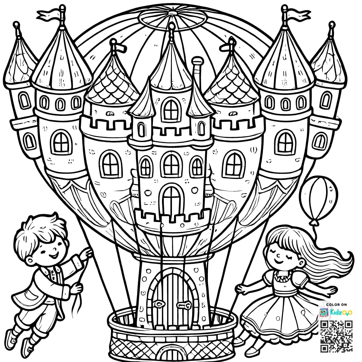A hot air balloon shaped like a castle.