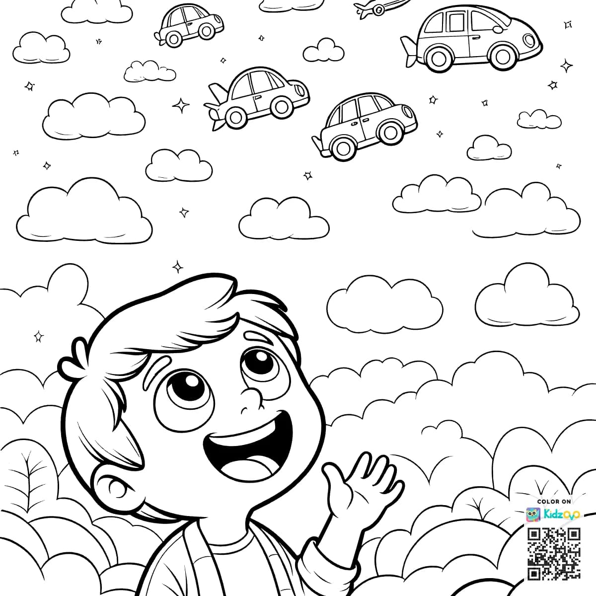  A kid looking above in a sky atcflying cars