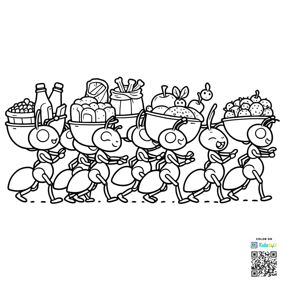  ants in a queue, lifting food on their backs