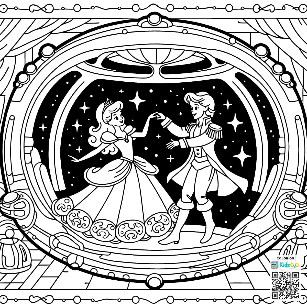 Cinderella dancing with prince in a spaceship
