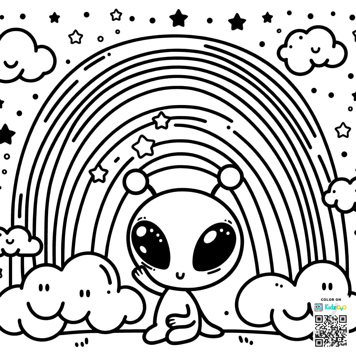 cute alien under a cloudy rainbow 