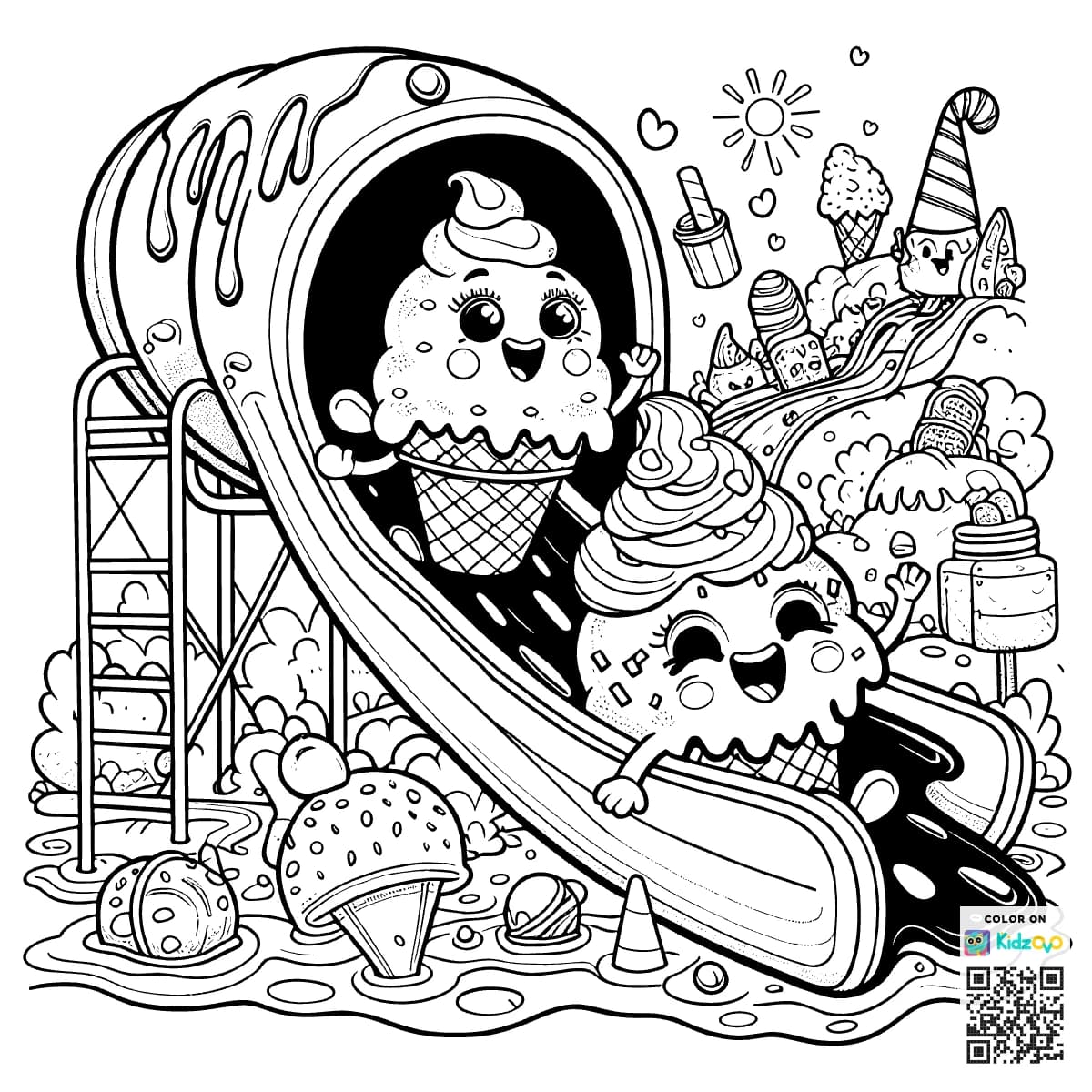 Ice cream cones playing on a chocolate slide.
