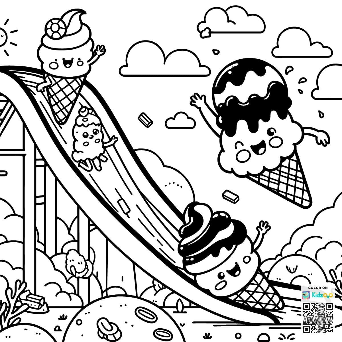 Ice cream cones playing on a chocolate slide