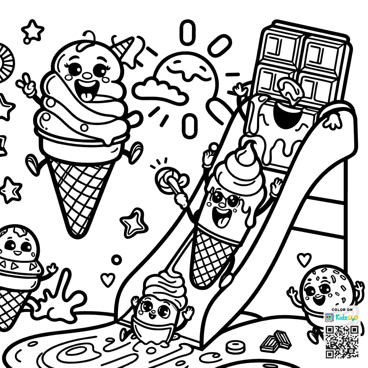 Ice cream cones playing on a chocolate slide