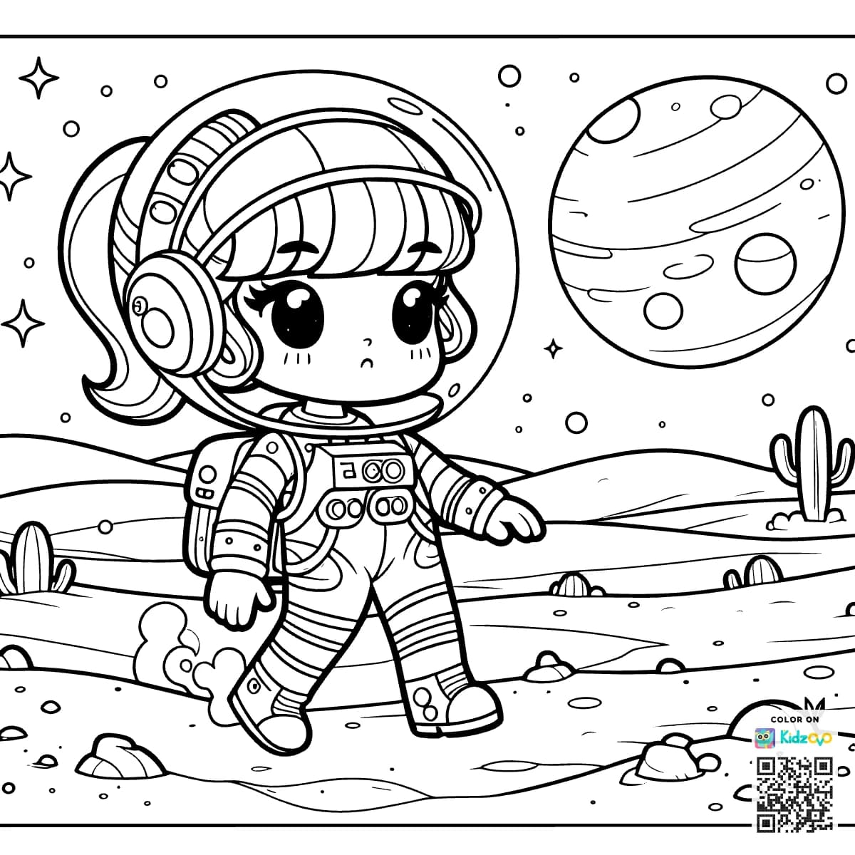 Princess in spacesuit in a desert planet