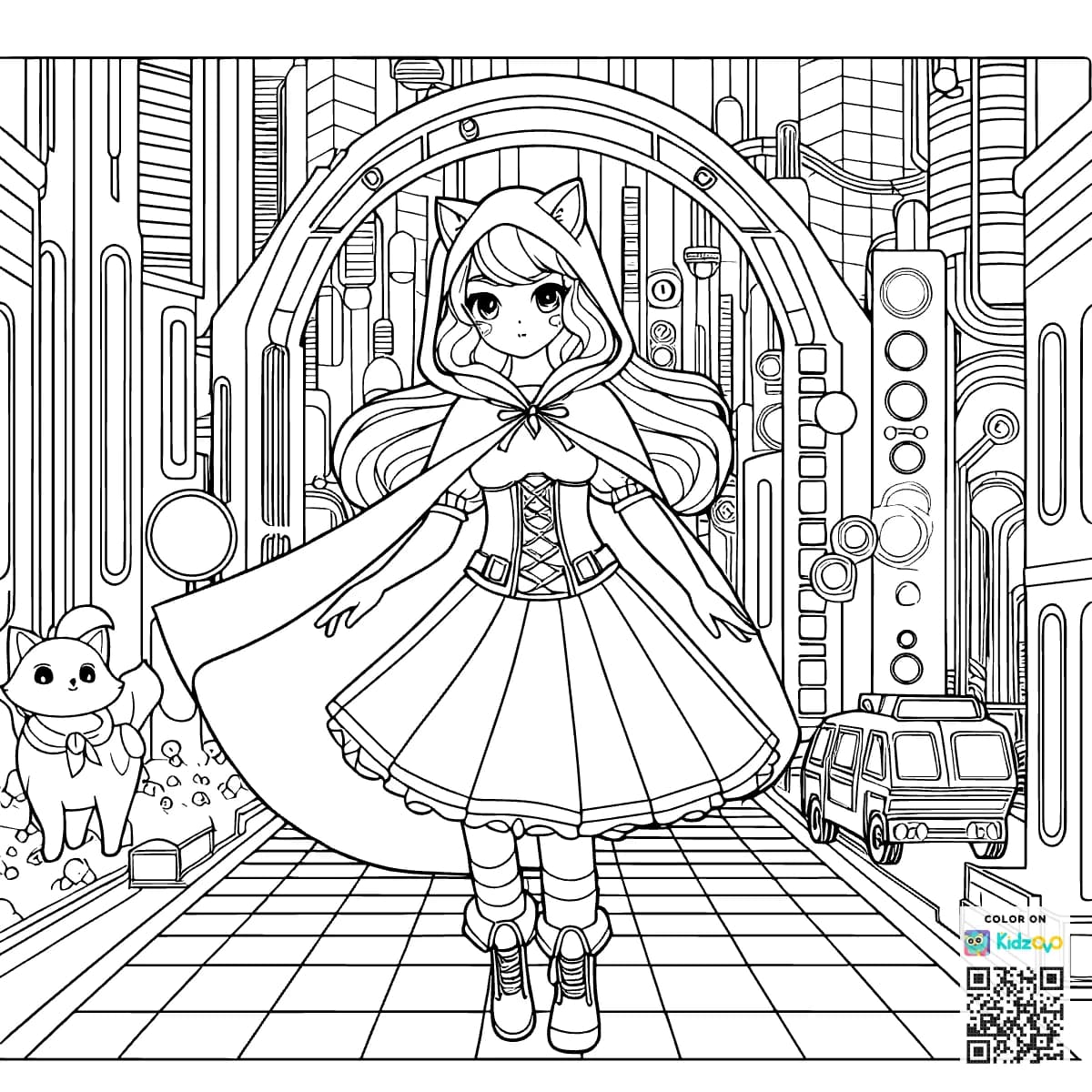  Red Riding Hood in a futuristic city