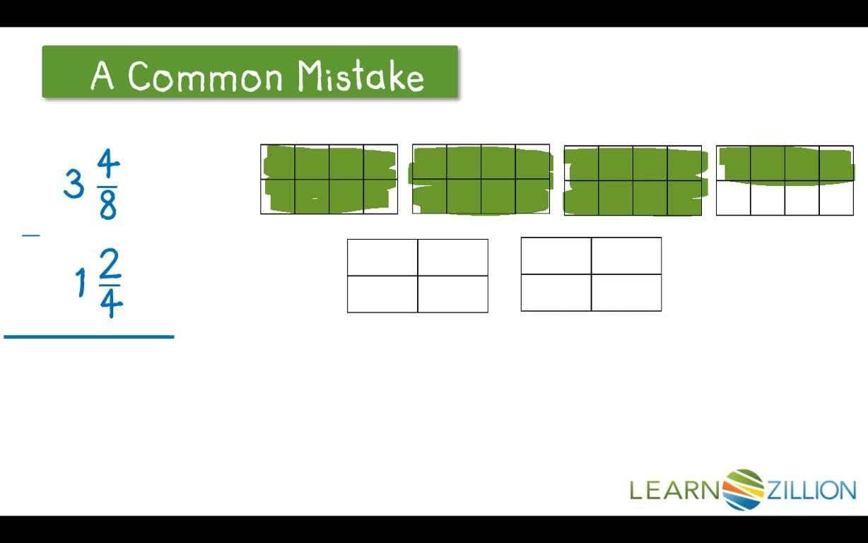 Subtracting Mixed Number Fractions with Different Denominators Using Area Models