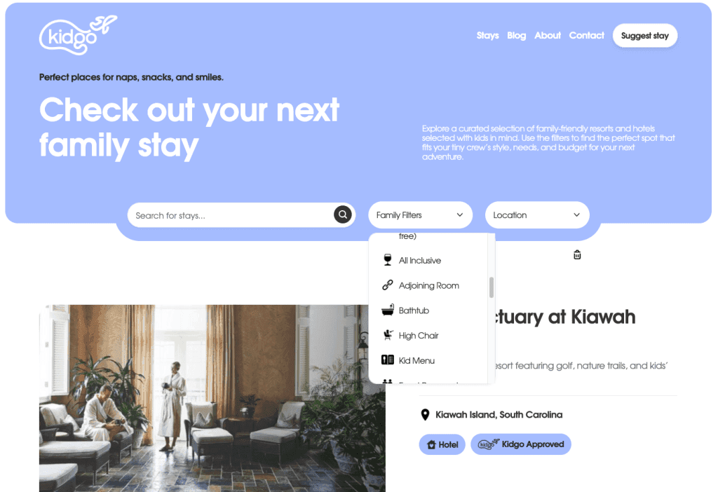 Kidgo’s Stays page with our 19 filters!