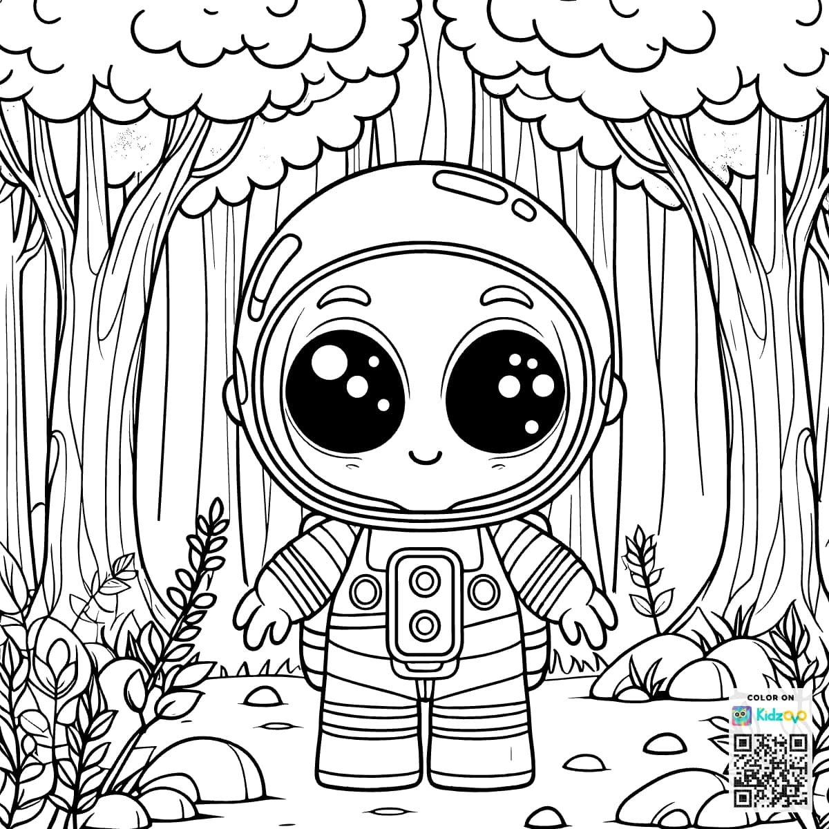 A Cute Alien in the Magic Forest wearing an astronaut suit