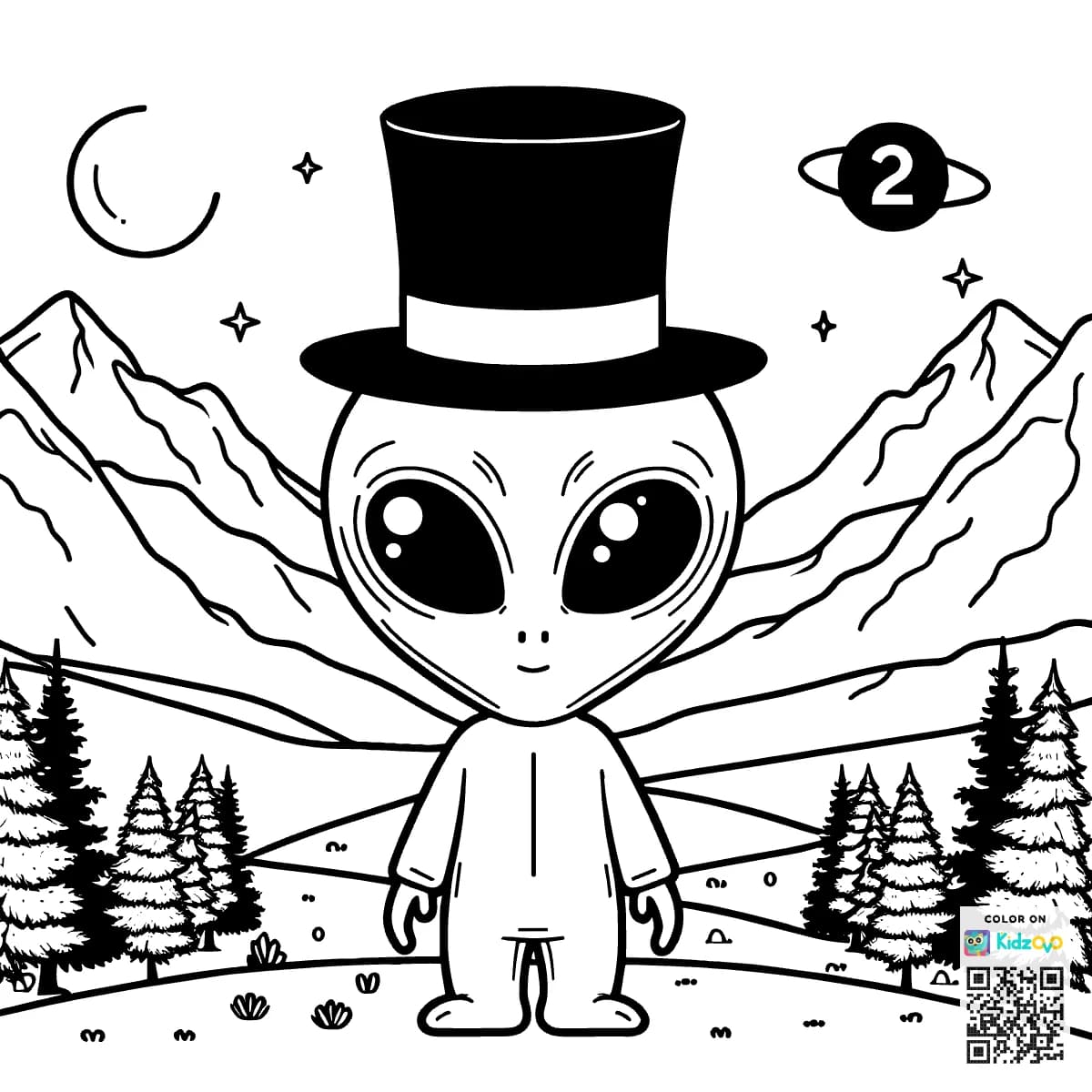 A Cute Alien in the Mountains wearing a Top Hat