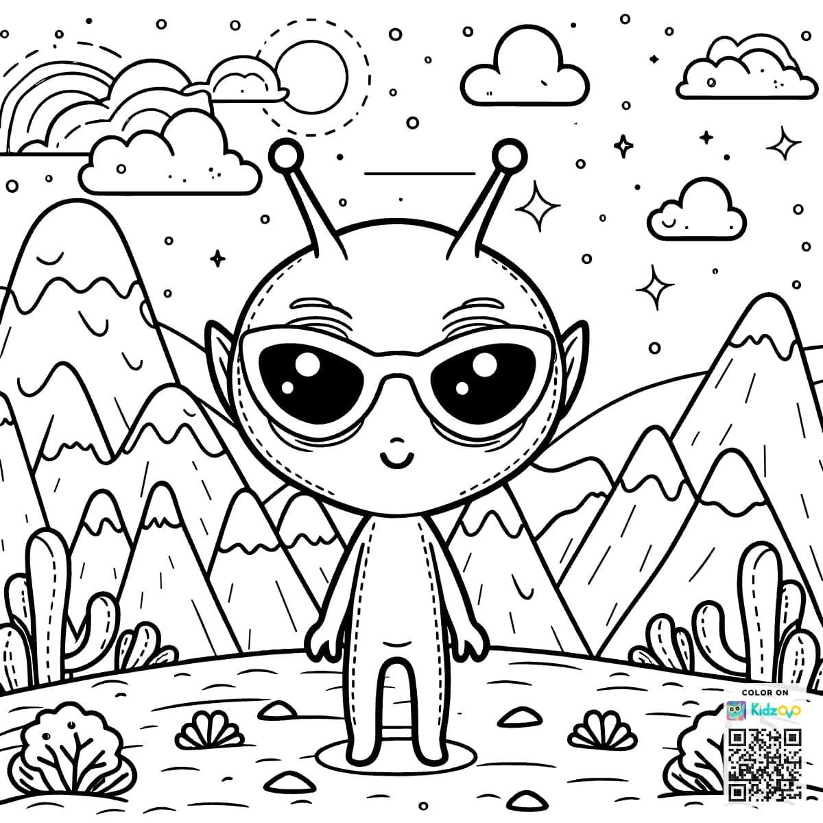 A Cute Alien in the Mountains wearing Sunglasses