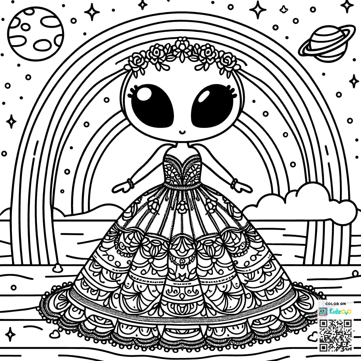 A Cute Alien on a Rainbow wearing a beautiful dress