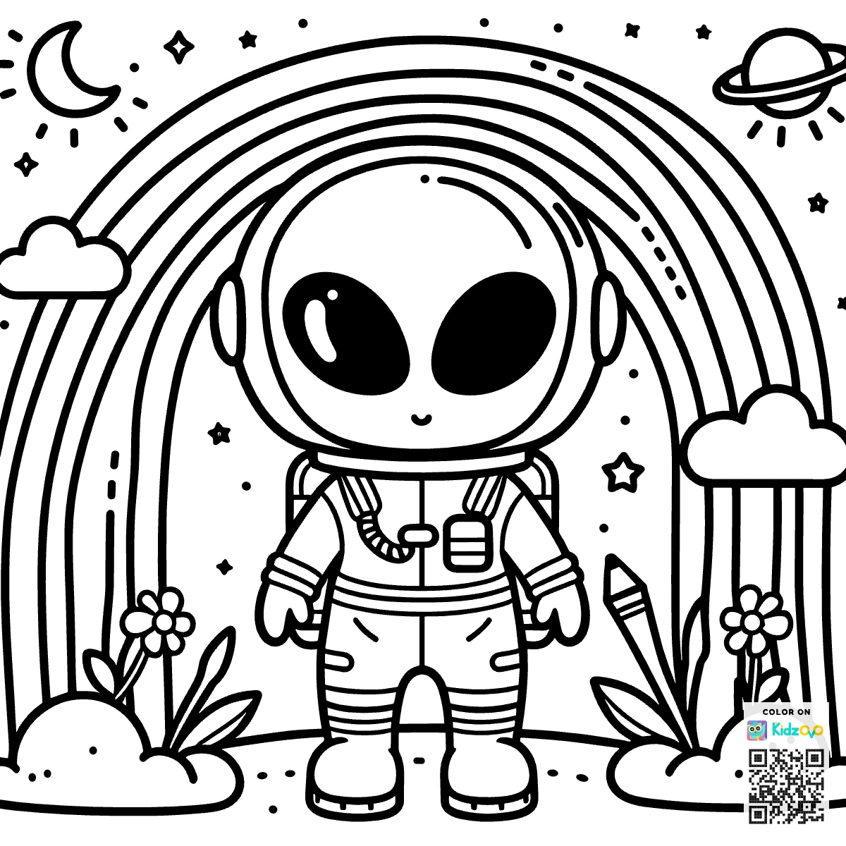 A Cute Alien on a Rainbow wearing an astronaut suit