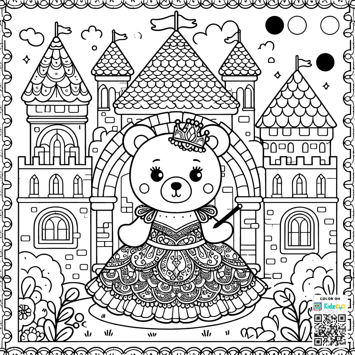 A Cute Bear in a Castle wearing a beautiful dress
