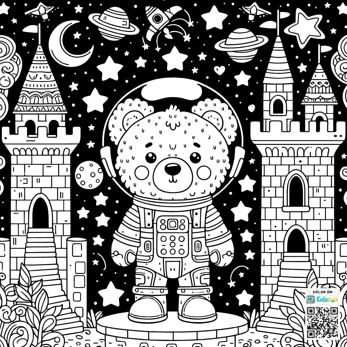 A Cute Bear in a Castle wearing an astronaut suit