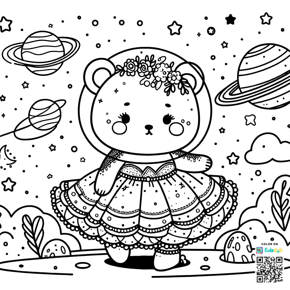 A Cute Bear in Space wearing a beautiful dress