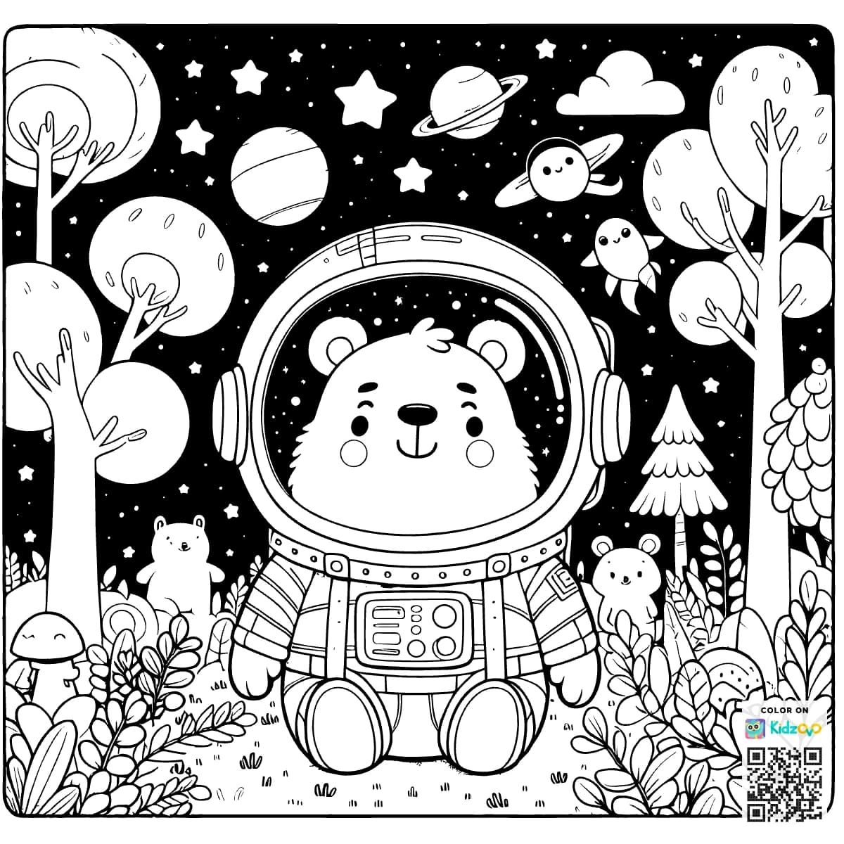 A Cute Bear in the Magic Forest wearing an astronaut suit