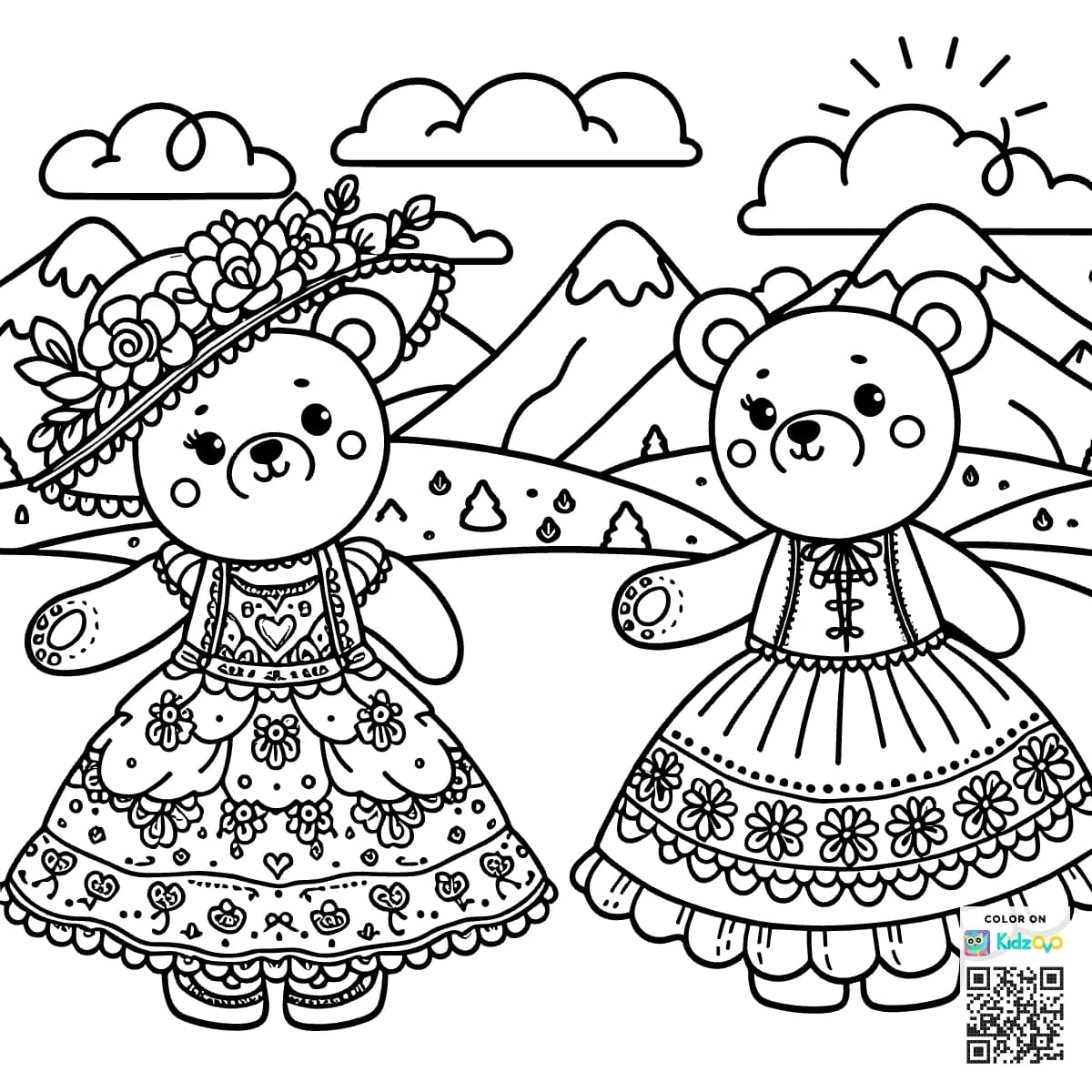 A Cute Bear in the Mountains wearing a beautiful dress