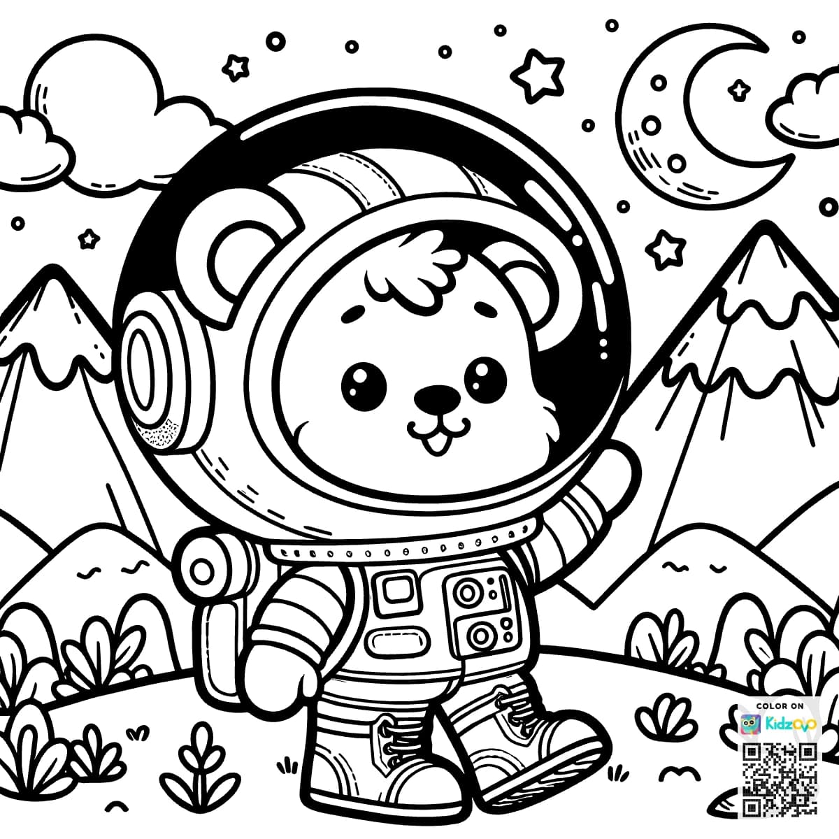 A Cute Bear in the Mountains wearing an astronaut suit