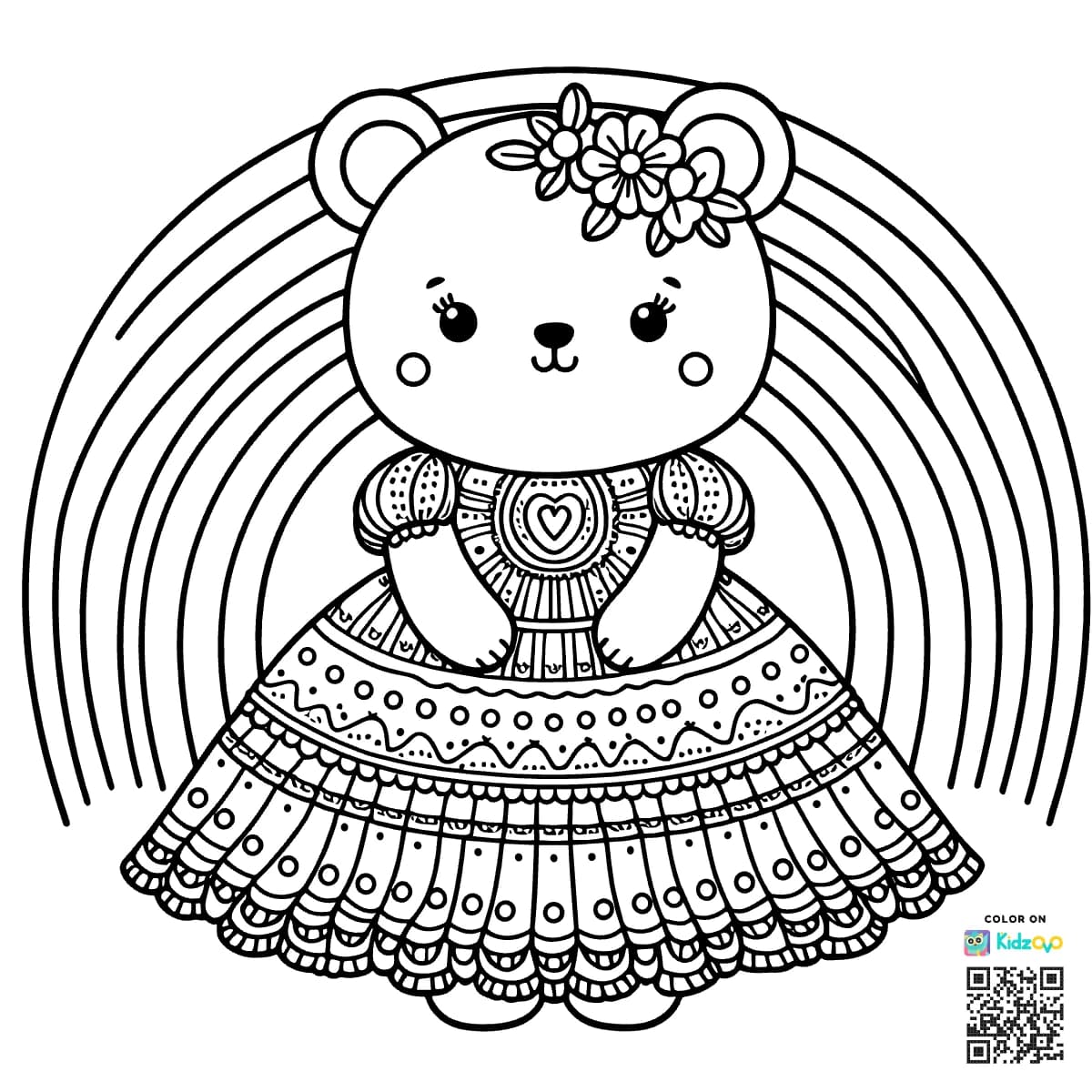 A Cute Bear on a Rainbow wearing a beautiful dress