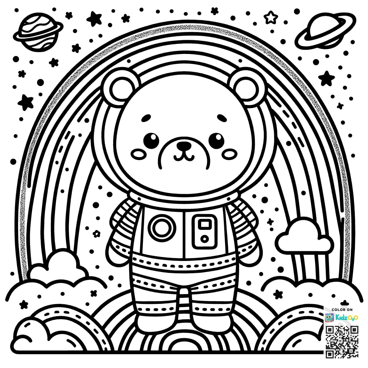 A Cute Bear on a Rainbow wearing an astronaut suit