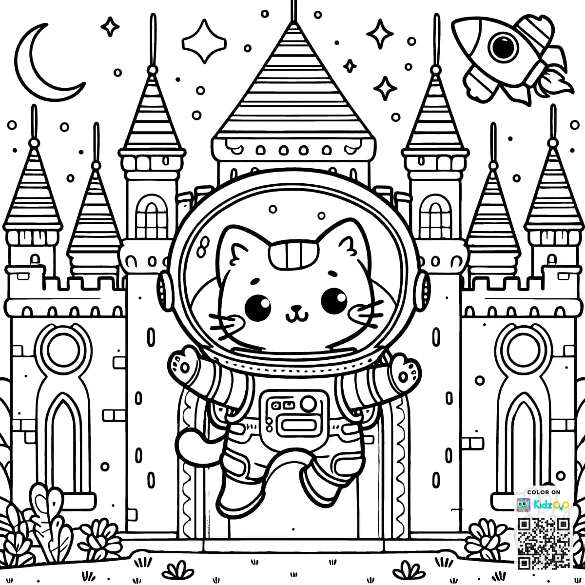 A Cute Cat in a Castle wearing an astronaut suit