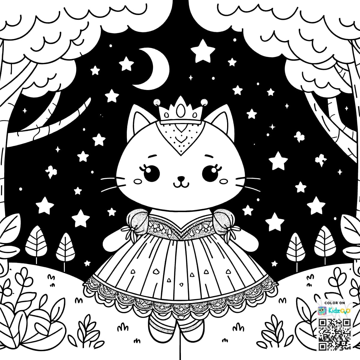 A Cute Cat in the Magic Forest wearing a beautiful dress