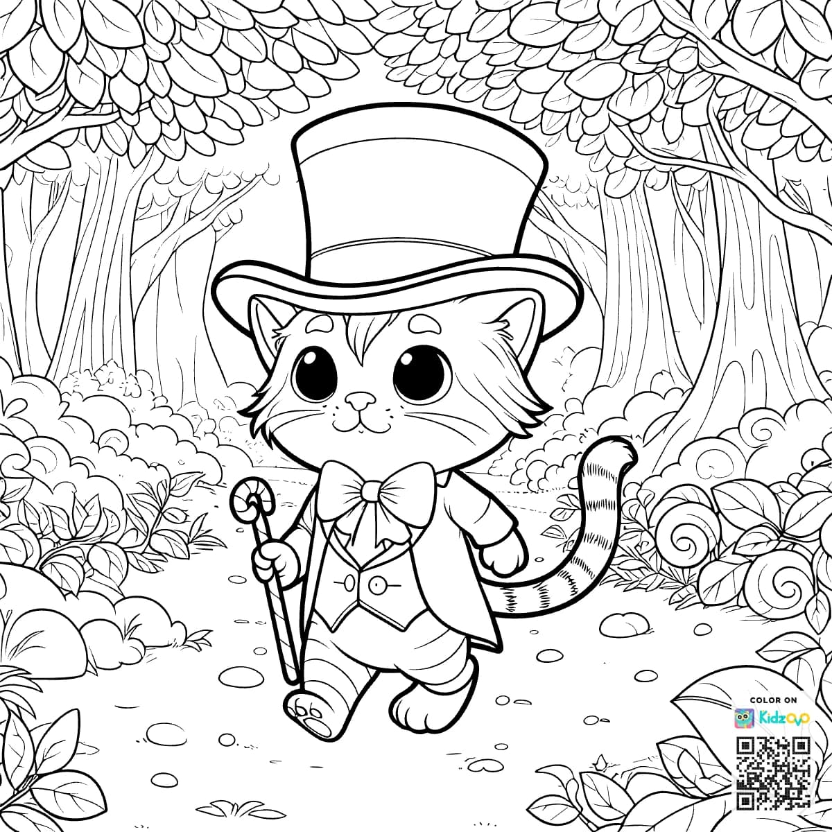 A Cute Cat in the Magic Forest wearing a Top Hat