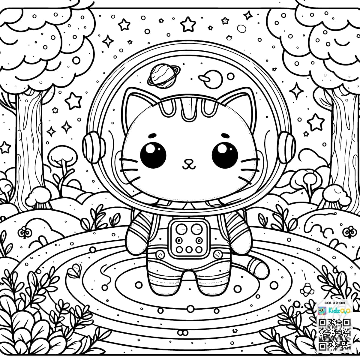A Cute Cat in the Magic Forest wearing an astronaut suit