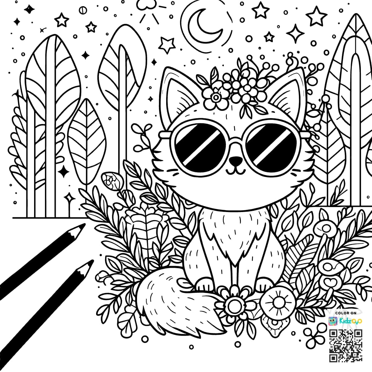 A Cute Cat in the Magic Forest wearing Sunglasses