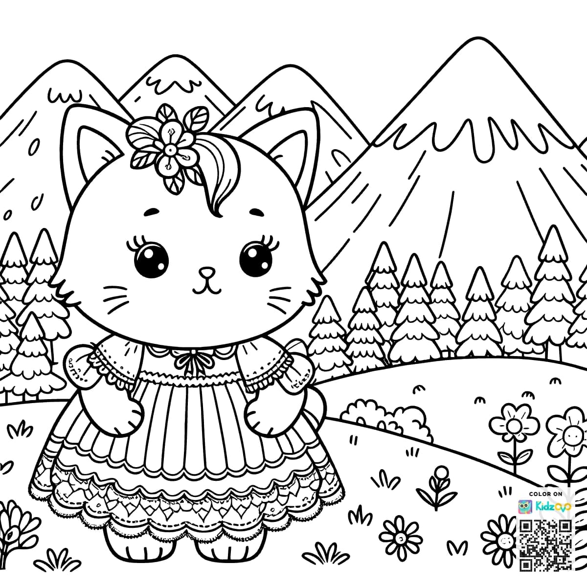 A Cute Cat in the Mountains wearing a beautiful dress