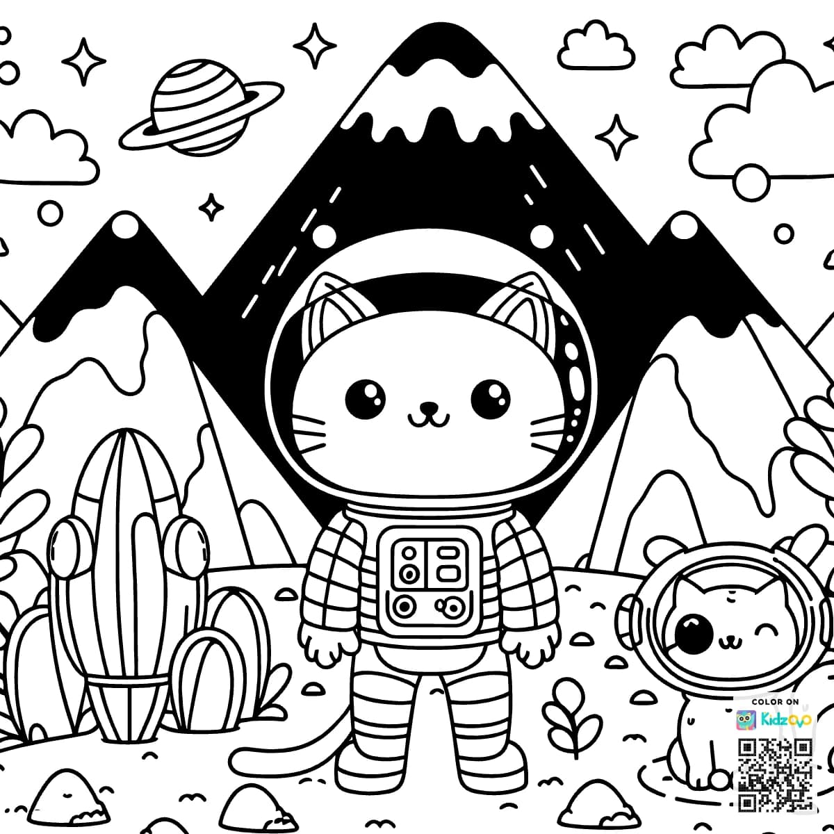 A Cute Cat in the Mountains wearing an astronaut suit