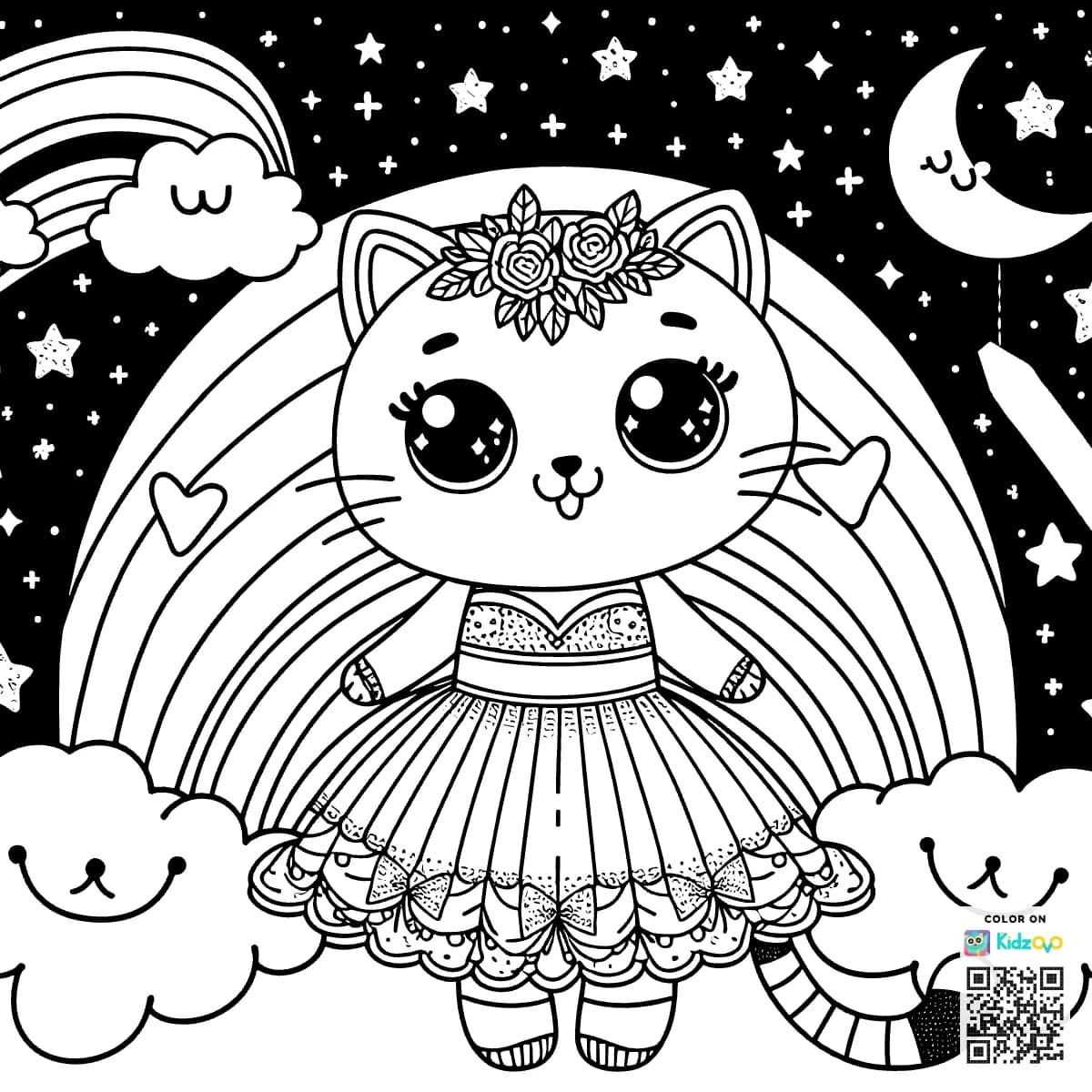 A Cute Cat on a Rainbow wearing a beautiful dress