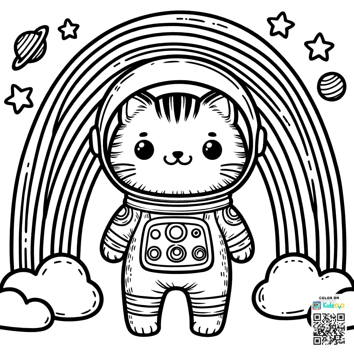 A Cute Cat on a Rainbow wearing an astronaut suit