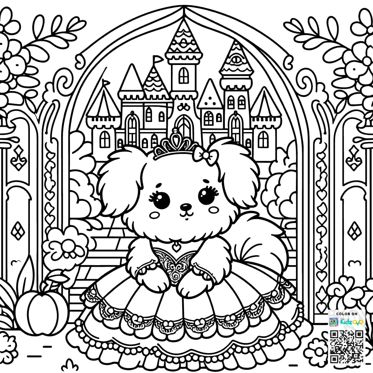 A Cute Dog in a Castle wearing a beautiful dress