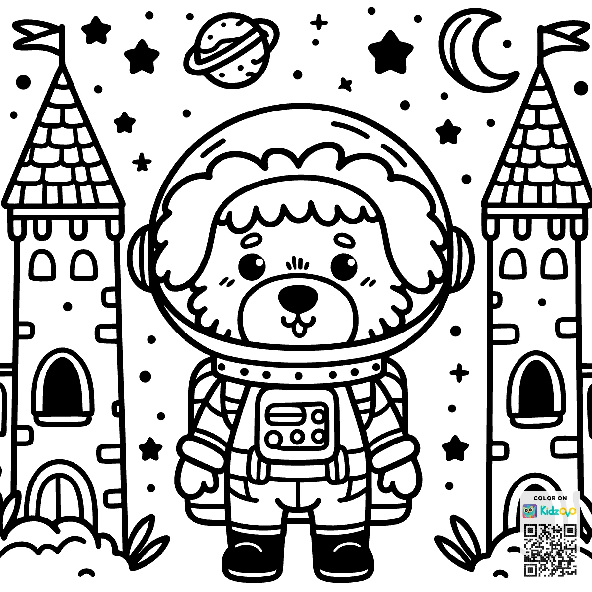 A Cute Dog in a Castle wearing an astronaut suit