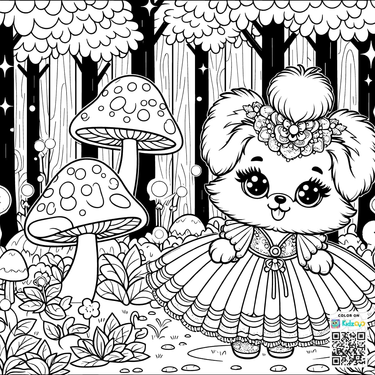 A Cute Dog in the Magic Forest wearing a beautiful dress